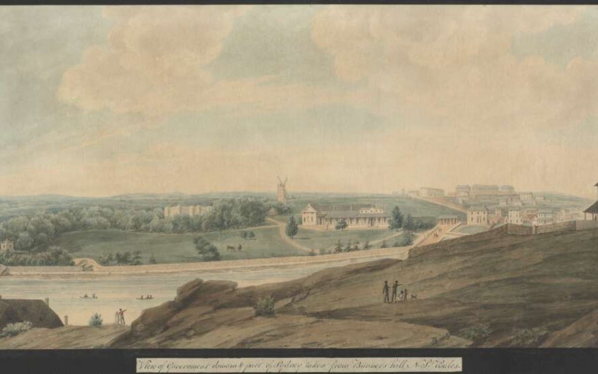 An 1820 painting of the View of Government domain & part of Sydney taken from Bunkers Hill, N.S. Wales